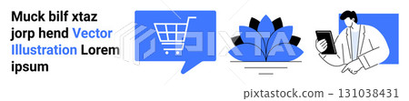 Shopping cart symbol, flower graphic, person using a phone or tablet. Ideal for online shopping, digital interaction, e-commerce, technology, mobile apps, customer service, user interface. Landing 131038431