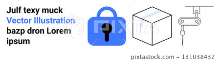 Blue padlock, cardboard box with tape, and mechanical arm with a hook. Ideal for security systems, packaging solutions, industrial automation, logistics, shipping, warehouse management Blue padlock, cardboard box with tape, and mechanical arm with a hook. Ideal for security systems, packaging solutions, industrial automation, logistics, shipping, warehouse management 131038432