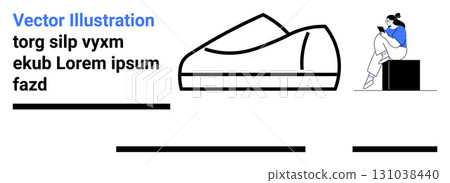 Sneakers, person using phone, text blocks, rectangular shapes in minimalist style. Ideal for fashion marketing, web design, technology, advertising, social media, modern branding, e-commerce. Landing Sneakers, person using phone, text blocks, rectangular shapes in minimalist style. Ideal for fashion marketing, web design, technology, advertising, social media, modern branding, e-commerce. Landing 131038440