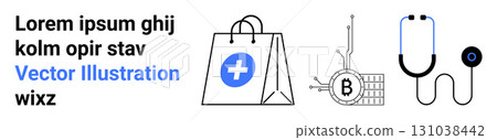 Shopping bag with a cross, Bitcoin chip with circuits, and advanced stethoscope. Ideal for healthcare, medical, cryptocurrency, technology, e-commerce, blockchain, digital finance. Landing page 131038442