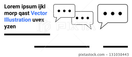 Three speech bubbles with ellipses, placeholder text in black and blue, and horizontal lines. Ideal for communication, messaging apps, UX design, education, presentations, social media, and landing Three speech bubbles with ellipses, placeholder text in black and blue, and horizontal lines. Ideal for communication, messaging apps, UX design, education, presentations, social media, and landing 131038443