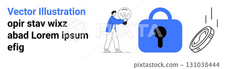 Man holding a lightbulb, blue padlock symbolizing security, falling coin representing finance. Ideal for financial security, innovation, technology, online protection, business solutions, fintech 131038444