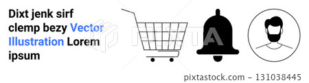 Shopping cart, notification bell, and user profile icon in black. Suitable for e-commerce, website navigation, user interface, marketing, mobile apps, customer management, and notifications. Banner 131038445