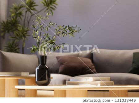 Modern living room with shallow DOF: elegant vase with olive branch on a coffee table, perfect for lifestyle magazines, interior design, and home inspiration. Modern living room with shallow DOF: elegant vase with olive branch on a coffee table, perfect for lifestyle magazines, interior design, and home inspiration. 131038449