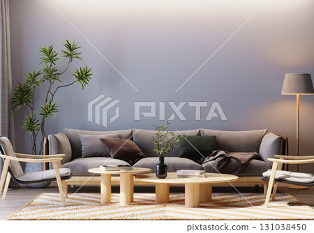 Minimalist living room with elegant furniture and plants: ideal for lifestyle blogs, furniture catalogs, and featuring a blank wall for copy space. Minimalist living room with elegant furniture and plants: ideal for lifestyle blogs, furniture catalogs, and featuring a blank wall for copy space. 131038450
