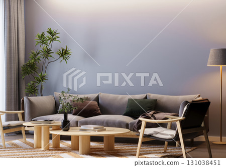 Minimalist living room with elegant furniture and plants: ideal for lifestyle blogs, furniture catalogs, and featuring a blank wall for copy space. 131038451