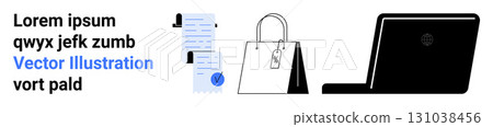Documents with check marks, shopping bag with handles and price tag, and black laptop arranged horizontally. Ideal for e-commerce, online shopping, business, office work, presentations, education 131038456