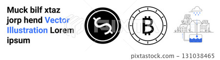 Symbols of digital currency, finance, recycling, and cityscape with sustainability. Ideal for fintech, cryptocurrency, environment, technology, economics, sustainability, and eco-friendly concepts Symbols of digital currency, finance, recycling, and cityscape with sustainability. Ideal for fintech, cryptocurrency, environment, technology, economics, sustainability, and eco-friendly concepts 131038465