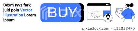 Large blue BUY button, web page with profile icon and pointing finger, woman using a tablet. Ideal for e-commerce, online shopping, user interface, customer engagement, web design, marketing, digital Large blue BUY button, web page with profile icon and pointing finger, woman using a tablet. Ideal for e-commerce, online shopping, user interface, customer engagement, web design, marketing, digital 131038470