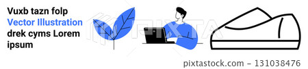 Leaf, person working on laptop, stylish shoe outline. Ideal for web design, graphic projects, UIUX, branding, modern aesthetics, tech content, product imagery. Landing page 131038476