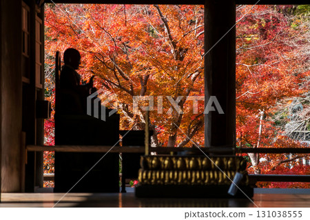 Red maple leaf with blur silhouette Buddha statue in Hasedera,Sakurai Red maple leaf with blur silhouette Buddha statue in Hasedera,Sakurai 131038555