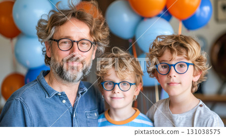 Family portrait of three individuals smiling together with colorful balloons in the background 131038575