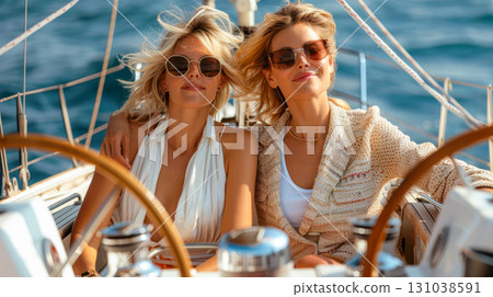 Two women enjoying a sunny day sailing on a yacht with ocean waves in the background 131038591