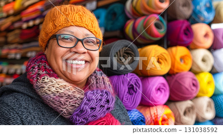 Smiling woman wearing orange hat and colorful scarf in front of vibrant yarn display Smiling woman wearing orange hat and colorful scarf in front of vibrant yarn display 131038592