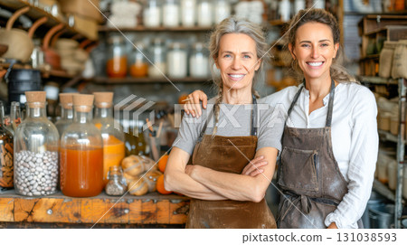 Two women smiling in a rustic kitchen with jars and ingredients on wooden shelves 131038593