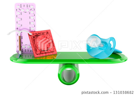 Birth control and parenthood balance, contraceptives and pacifier on seesaw. 3D rendering Birth control and parenthood balance, contraceptives and pacifier on seesaw. 3D rendering 131038682