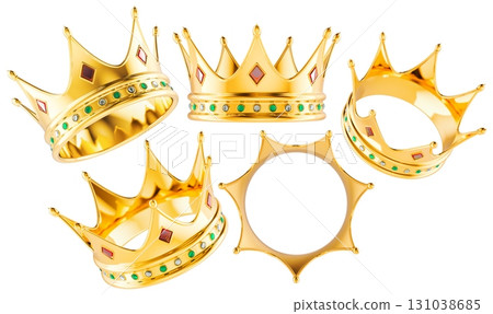 Gold crown with red and green gemstones, shown from different angles, 3D rendering Gold crown with red and green gemstones, shown from different angles, 3D rendering 131038685