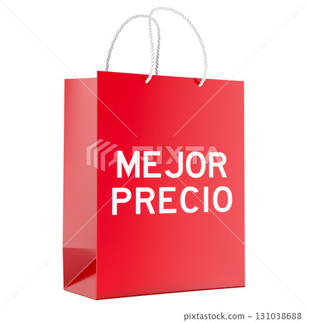 Mejor Precio, red shopping bag. Best price offer on Spanish. 3D rendering Mejor Precio, red shopping bag. Best price offer on Spanish. 3D rendering 131038688