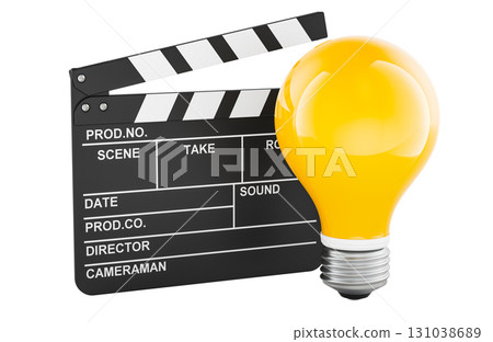 Movie clapperboard with yellow light bulb. Creative filmmaking idea, concept. 3D rendering 131038689