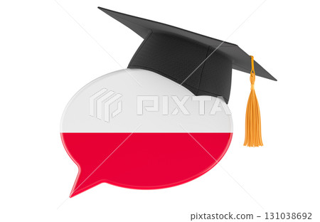 Polish language learning. Speech bubble with Polish flag and graduation cap. 3D rendering 131038692