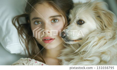 Young girl with freckles cuddling a fluffy dog on a soft pillow in a cozy indoor setting Young girl with freckles cuddling a fluffy dog on a soft pillow in a cozy indoor setting 131038795