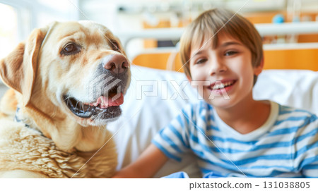Happy child with a golden retriever dog in a hospital room, sharing a joyful moment together Happy child with a golden retriever dog in a hospital room, sharing a joyful moment together 131038805