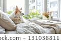Dog resting on cozy bed near window with soft blankets and plants creating a serene atmosphere 131038811