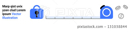 Blue lock, tape measure, and coins on white background. Ideal for finance, security, growth, technology, measurement, investment, and savings topics. Banner for landing page 131038844