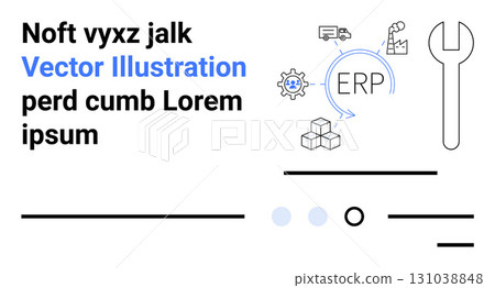 Gear, truck, boxes, and wrench surrounding ERP text. Ideal for technology, business processes, supply chain management, logistics, inventory control, software solutions, and tools. Landing page 131038848