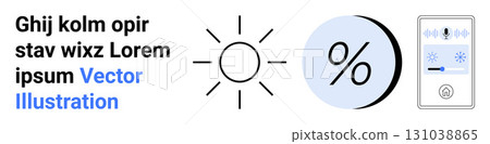 Sun icon, percentage symbol, monochrome panel with blue highlights. Ideal for smart home systems, climate control, energy-saving tips, apps UI, tech tutorials, home automation, product demos. Landing Sun icon, percentage symbol, monochrome panel with blue highlights. Ideal for smart home systems, climate control, energy-saving tips, apps UI, tech tutorials, home automation, product demos. Landing 131038865