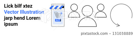 Shopping cart icon, three user profile icons, and circular refresh arrow. Ideal for e-commerce, online shopping, user management, digital marketing, customer service, website design, and application 131038889