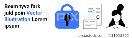 Large blue lock icon with keyhole, documents featuring charts, female avatar with bun hairstyle. Ideal for data protection, online privacy, secure login, business presentations, tech blogs, digital Large blue lock icon with keyhole, documents featuring charts, female avatar with bun hairstyle. Ideal for data protection, online privacy, secure login, business presentations, tech blogs, digital 131038893