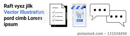 Checklist with blue checkmarks, smartphone with shopping cart icon, and speech bubbles. Ideal for website design, e-commerce, communication apps, business presentations, marketing, online customer Checklist with blue checkmarks, smartphone with shopping cart icon, and speech bubbles. Ideal for website design, e-commerce, communication apps, business presentations, marketing, online customer 131038898