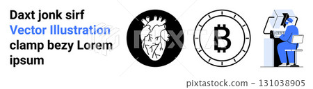 Heart anatomy badge, Bitcoin cryptocurrency logo, and a technician working on equipment. Ideal for medical studies, finance, technology, health, digital currency, graphic design, and presentations 131038905