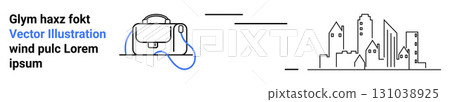 Satchel bag with blue strap next to modern city skyline outline. Ideal for travel websites, blogs, fashion portals, urban articles, e-commerce, product promotions, branding. Landing page Satchel bag with blue strap next to modern city skyline outline. Ideal for travel websites, blogs, fashion portals, urban articles, e-commerce, product promotions, branding. Landing page 131038925