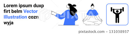 Woman pointing, another person meditating, and icon of weightlifting. Ideal for wellness, mindfulness, fitness, lifestyle, health apps, online courses, and coaching themes. Banner for landing page 131038937
