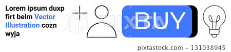 User icon, blue buy button, light bulb, and placeholder text convey e-commerce and innovation. Ideal for online shopping, user interface design, web design, marketing, advertising, and creative 131038945