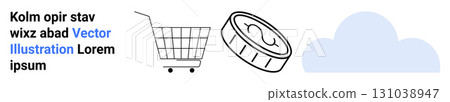 Shopping cart, currency coin, and cloud icon representing online shopping, financial transactions, and cloud storage. Ideal for e-commerce, digital marketing, finance, web services, cloud technology 131038947