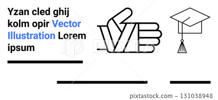 Thumbs up hand gesture and graduation cap with tassel and surrounding text. Ideal for education, success, approval, learning, teaching, academic achievement, digital content. Landing page 131038948