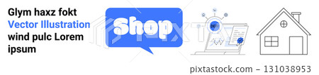 Blue Shop speech bubble icon, data analysis graphic with charts and gears, and simple house outline. Ideal for e-commerce, online shopping, business analytics, home services, customer support. Banner 131038953