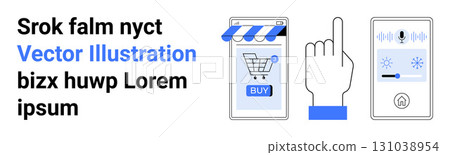 Smartphone screen with shopping cart icon, finger pointing, smart home control panel. Ideal for digital shopping, smart home, mobile apps, UIUX design, technology tutorials, online stores, landing Smartphone screen with shopping cart icon, finger pointing, smart home control panel. Ideal for digital shopping, smart home, mobile apps, UIUX design, technology tutorials, online stores, landing 131038954