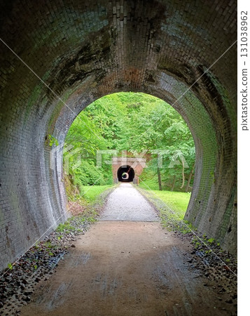 View from inside the abandoned railway tunnel leading to the forest View from inside the abandoned railway tunnel leading to the forest 131038962