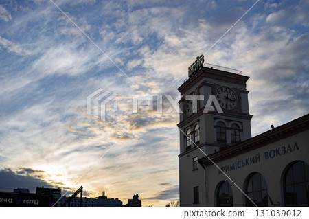 View of an old,ancient roman numeral clock tower 131039012