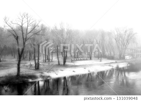 The thick fog lends an air of mystery to the scene. The thick fog lends an air of mystery to the scene. 131039048