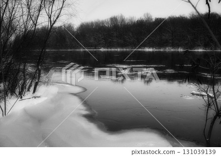 winter river and trees in winter season 131039139