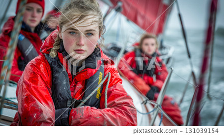 Young female sailor in red waterproof gear focused on sailing in rough sea conditions 131039154