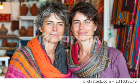 Two women wearing colorful scarves pose together in a vibrant market filled with handmade crafts Two women wearing colorful scarves pose together in a vibrant market filled with handmade crafts 131039179