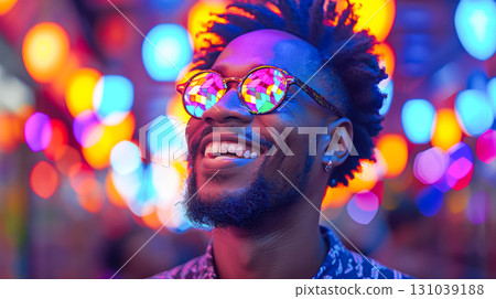 Smiling man wearing colorful sunglasses in vibrant illuminated street with bokeh lights 131039188