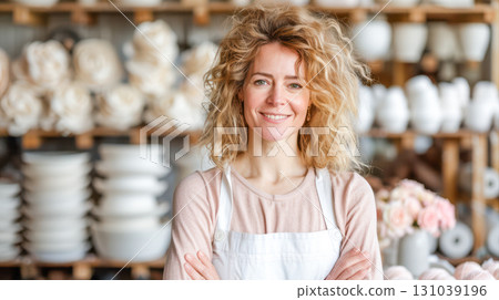 Smiling woman florist standing confidently in a flower shop with beautiful arrangements behind her 131039196