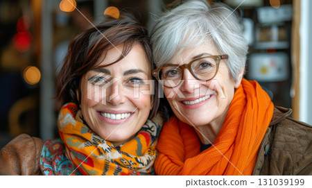 Two smiling women with stylish hair and vibrant scarves enjoying a joyful moment together indoors Two smiling women with stylish hair and vibrant scarves enjoying a joyful moment together indoors 131039199